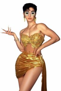 Gold Sparkly Hot Drilling Proc Rhineste Women Dr Backl Stage Wear Dance حدث Drag Queen Costume 57SB#