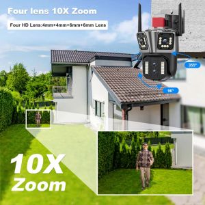 Câmera Wi -Fi de 16mp 8k Viúsculo de zoom 10x de 10x Four Lens Screen PTZ Câmera de segurança Vídeo CCTV AI Rastreamento amplo angular