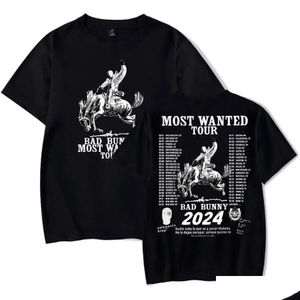 Homens camisetas Mens Rapper Bad Bunny Most Wanted Tour 2024 Oversized Camiseta Mulheres Homens Verão Moda O-pescoço Manga Curta Engraçado Tshi Dhbp5