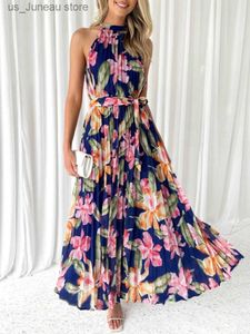 Grundläggande avslappnade klänningar Böhmen Floral Print Sleless Pleated Maxi Dress Women Causal Halter Sashes Vintage Dress 2024 New Women Summer Dress T240330