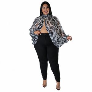 Lem Gina Women Plus Size Size Dye Floral Printed Chiff high frt slit batwing lg slee tie wip back back back and shirt top q6qc＃
