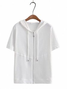 Plus Size Damenbekleidung mit Kapuze, einfarbig, mit Reißverschluss, kurzärmlig, lässiges Sommer-T-Shirt aus Stretch-Jersey, T-Shirt 4XL Z155#