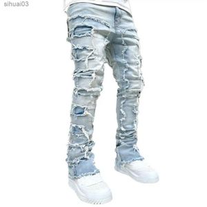 Jeans masculinos jeans empilhados adequados para rasgar jeans destruindo jeans retos jeans vintage hip-hop rouse de rua