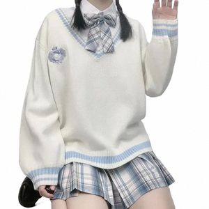 トップスアウトウェアゆるい日本の女性スタイルのセーター甘いニットVネックプルオーバースクール韓国大学学生ユニフォームx4gg＃