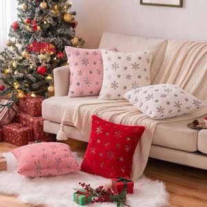 Подушка для рождественской вечеринки, домашний декор дивана, теплая наволочка со снежным узором, розовый чехол для гостиной, кровать, красный