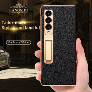 Custodia per telefono in pelle per Samsung Galaxy Z Fold 5 4 3 Fold4 Fold5 Gold Plating Coperoncino Magnetica Copertina posteriore con pellicola speculare