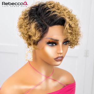 Highlight Human Hair Curly Bob Wig Short Pixie Cut Wig With Bangs Blond Human Hair Wigs Left Side Part Lace Front Wigs For Women