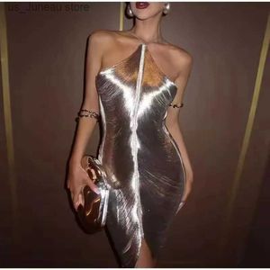 Basic Casual Dresses Sexy Hanging Neck Metallic Short Dress Women Fashion Off Shoulder Backless Shiny Dresses Elegant Female Evening Party Vestidos T240330