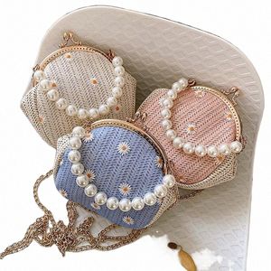 floral Fake Pearl Top Handle Rattan Bag Shoulder Bag Small Beach HandBags Women Summer Menger Crossbody Bags E36y#