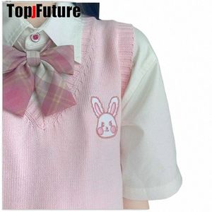 Colete de malha rosa COELHO da menina japonesa bonito versátil camisola escolar Cardigans COELHO bordado JK UNIFORM suéter R4As #