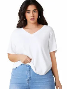 Plus Size Kurzarm Sommer Easy Comfort Tops Tunika Damen Jersey Relaxed-Fit V-Ausschnitt Lgline T-Shirt Große Größe Bluse 5XL 6XL m1wT #