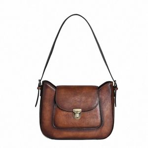 retro Cowhide Women's Bag Retro Genuine Leather Vegetable Tanned Underarm Single Shoulder Women's Bag Shoulder Side Bag Fi z19V#