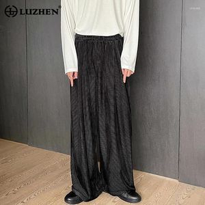 Calças masculinas Luzhen coreano solto em linha reta casual elegante veludo listra vertical cintura elástica calças 2024 moda primavera lz1319