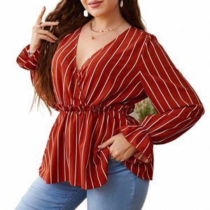 women's Elegant Blouses Cott Loose Stripe Korean Collar Foreigned Style Commuter Shirt Lg Sleeve Plus Size Female Clothing c78x#
