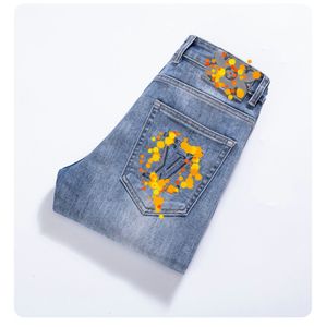 Jeans masculinos primavera verão fino homens fino ajuste europeu americano lvicon high-end marca pequena calças retas F264-01