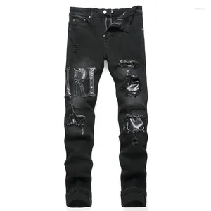 Herren Jeans Schwarz Distressed Brief Gestickt Männer Mittlere Taille Elastische Bleistift Denim Hosen Streetwear Hosen