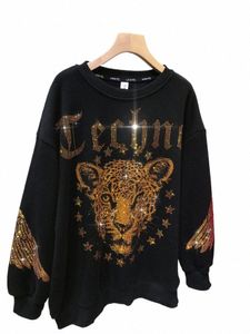 leopard Rhinestes L-4XL Plus Size Blouse Luxury Brand Sweatshirt for Women Men Spring Autumn Large Sizes Ladies Sweatshirts a8OJ#