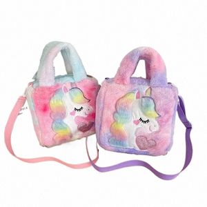 carino donna peluche Carto Unicorn Bag Lady inverno soffice pelliccia arcobaleno colore borse ragazze regalo del partito q1KC #