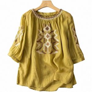 2023 Осень Новая женская блузка в китайском стиле из хлопка и льна с вышивкой Женская удобная рубашка с круглым вырезом Восточная блузка Hanfu N9i4 #