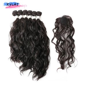 Teave Weave Weave onda natural Pacotes de cabelo com fechamento sintético 7pcs/pacote 14 '' 16 '' 18 '' polegadas de resistência ao calor marrom escuro preto