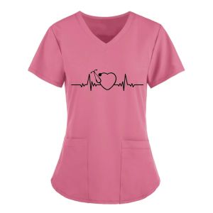 Sjuksköterska enhetliga kvinnor Kort ärm hjärtslag tryck arbetande enhetliga fickblusskrubbar toppar sjuksköterska medicinska uniformer tillbehör