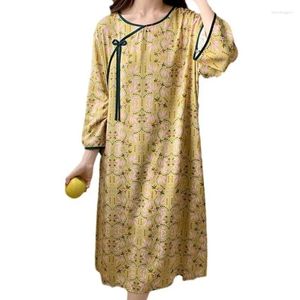 Mulheres sleepwear em torno do pescoço manga longa pijama vestido chinês colorido impressão camisola fina algodão seda casa wear para senhora na primavera