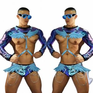 Blue Wing Chest Rands Sexig poldansdräkt Laser toppar korta gogo dansare scen outfit vuxna klubbkläder rave kläder vdb7256 q8dr#