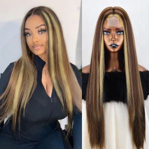 Wigs Long Straight Synthetic Midpoint Wig Mixed Dark Brown and Blonde Twocolor Wigs Suitable for Black/White Women Daily/Cosplay