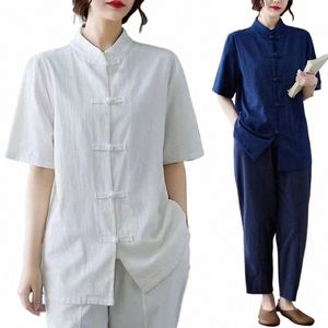 Spring Autumn Cott Linen Retro Stand Collar Buckle Ladies Topps Chinese Style Shirts Lose Tai Chi Clothes Zen Women's Clothing H6VC#