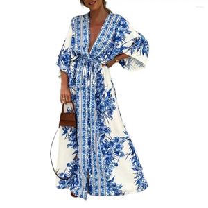 Casual Dresses Beautiful Dress Comfy Mid-Rise Comfortable Boho Retro Print 3/4 Flare Sleeve Beach Maxi Tie-Up