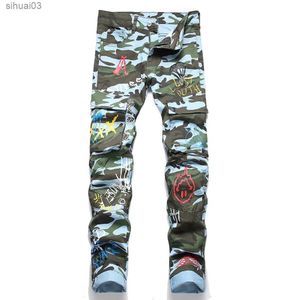 Men's Jeans Mens camouflage printed jeans multi pocket cargo pants ultra-thin straight strap non elastic denim TrousersL2403