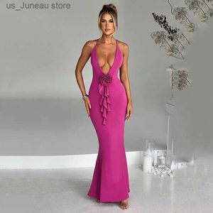 Urban Sexy Vestidos Flor 3D Mulheres Prom Vestido Sexy Strap V Neck Halter Sereia Preto Longo Partido Vestido de Noite Celebridade Robe De Marie T240330