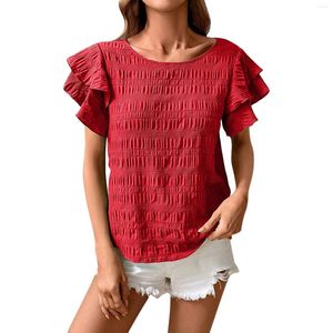 Женские футболки, летние повседневные пуловеры с рюшами и рукавами, футболка с круглым вырезом, однотонный короткий топ, корейский тондэмун, одежда высокого качества