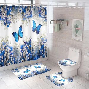 Shower Curtains Butterfly Bathroom Curtain And Rug Sets Beautiful Flower Pattern Pedestal Lid Toilet Cover Mat Bath