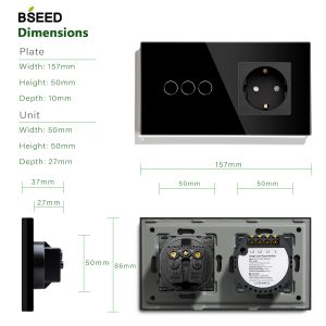 Bseed Touch Switch 1Gang 2Gang 3Gang EU Standardväggomkopplare Sockel med 3 färger 300W Crystal Glass Panel Touch Switch 157mm