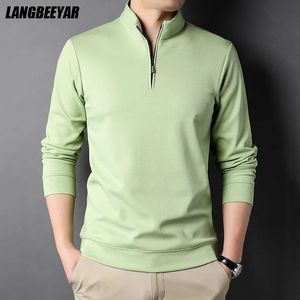 Toppklass modemärke lyxiga blixtlås polo skjorta män avslappnad vanlig koreansk solid färg långärmad toppar herrkläder 240320