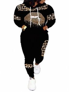 lw Plus Size Casual Outfits Set Mulheres Plus Leopard Lip Print Lg Manga Cordão Calças com capuz Outfits 2 Piece Set P6aW #
