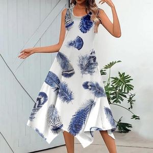Casual Dresses Women's Summer Printed Sleeveless Dress Handkerchief Hem Maxi Tank Top With Pockets Beach Cotton For Women