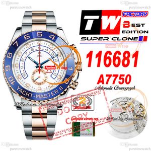 44mm 116681 A7750 Cronógrafo Automático Mens Watch TWF Dois Tons Rosa Ouro Azul Moldura Cerâmica Mostrador Branco Pulseira de Aço 904L Super Edição Mesma Série Cartão Puretime 01