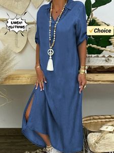 Spring Womens Plus Size Denim Dress Light Fashion Elegant Robe Vneck Solid Short Sleeve Split Style Vintage Long 240321