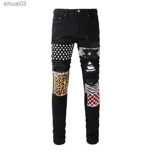 Men's Jeans Mens celebrity printed denim jeans bandana leopard patches stretch pants street clothing ripped holes black tight tapered TrousersL2403