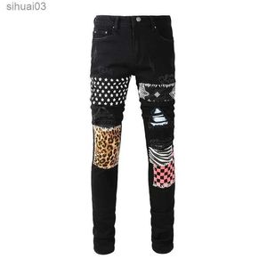 Jeans maschile maschile celebrità jeans in denim stampata bandana leopardo patch pantaloni allungati abbigliamento da strada buchi strappati black stretti tappe