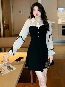 Casual Dresses Sweet Spring Summer Slå ner Collar Bow Puff Sleeve Patchwork Shirt Dress for Women High midje Mini Slim Office A Line