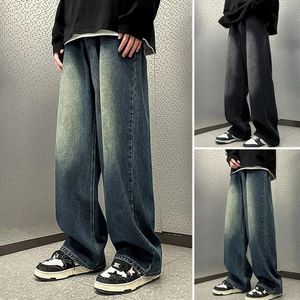 Men Jeans Gradient Contrast Color Wide Leg Loose High Street Retro Hip Hop Straight Full Length Pockets Button Zipper Clre Me 240311