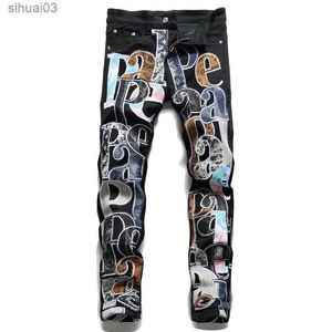 Jeans masculinos 2021 Autumn/Winter New Trend Mens calças elásticas letra bordada preto jeans fit