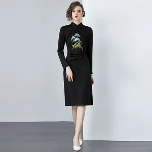 Casual Dresses 2024 Retro Spring Black Landscape Painting Embroidery Dress Chinese Style Women Stand Collar Beaded Tassel Slim A Line