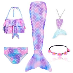 3pc Girls Suit Halloween Kids Swimmable Mermaid Tail for Girls Swimming Bating Suit Mermaid Costume Swimsuit can add Monofin Fin