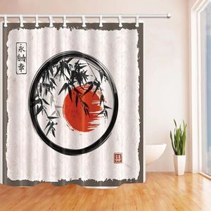 Chuveiro Cortinas Pintura Japonesa Cortina de Banho Árvores de Bambu e Sol em Enso Zen Círculo por Tinta Poliéster Tecido À Prova D 'Água