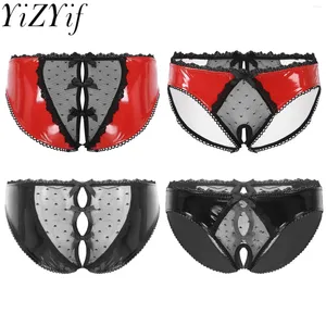 Unterhosen Herren Dessous Crotchless Sissy Unterwäsche Transparente Spitze Offener Schritt Slips Schleife Glänzendes Lackleder Höschen Niedrige Taille Unterhose