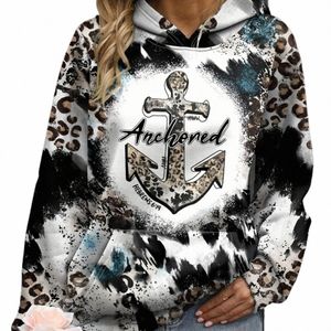 Anchor Leopard Print Kangaroo Pocket Hoodie Casual Lg Manga Hoodies Moletom Roupas Femininas Plus Size Pulôver com Capuz Q7yC #